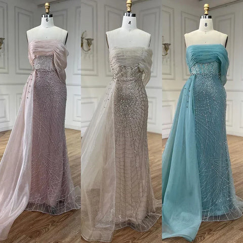 Turquoise Luxury Evening Dress Side Train Pearls One Shoulder for Women's Formal  Wedding Party Gowns LA72523