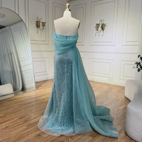 Turquoise Luxury Evening Dress Side Train Pearls One Shoulder for Women's Formal  Wedding Party Gowns LA72523