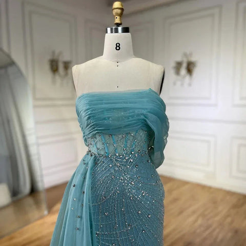 Turquoise Luxury Evening Dress Side Train Pearls One Shoulder for Women's Formal  Wedding Party Gowns LA72523