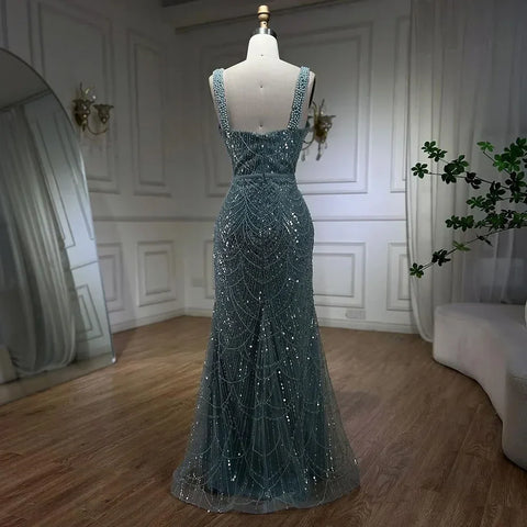 Turquoise Mermaid Beaded Pearls Spaghetti Straps and Floor Length Evening Gown Party Dress for Women 2025 LA72032C