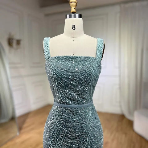 Turquoise Mermaid Beaded Pearls Spaghetti Straps and Floor Length Evening Gown Party Dress for Women 2025 LA72032C