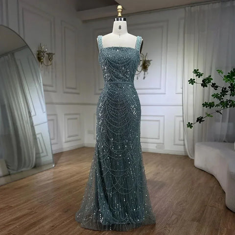 Turquoise Mermaid Beaded Pearls Spaghetti Straps and Floor Length Evening Gown Party Dress for Women 2025 LA72032C