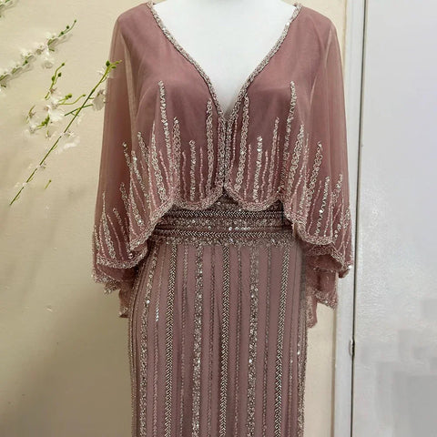 Turquoise Mermaid Elegant Long Cape Beaded Luxury Dubai Evening Dresses Gowns For Women Wedding Party 2025 LA72258