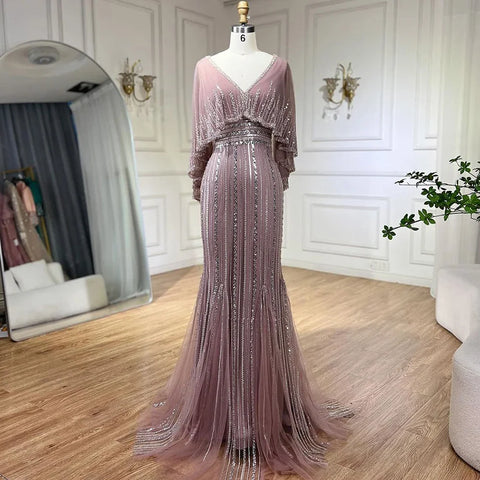 Turquoise Mermaid Elegant Long Cape Beaded Luxury Dubai Evening Dresses Gowns For Women Wedding Party 2025 LA72258