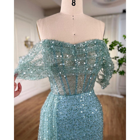 Turquoise Mermaid Elegant Overskirt Evening Dresses Gowns 2025 Beaded  For Women Wedding Party 2025 LA71945