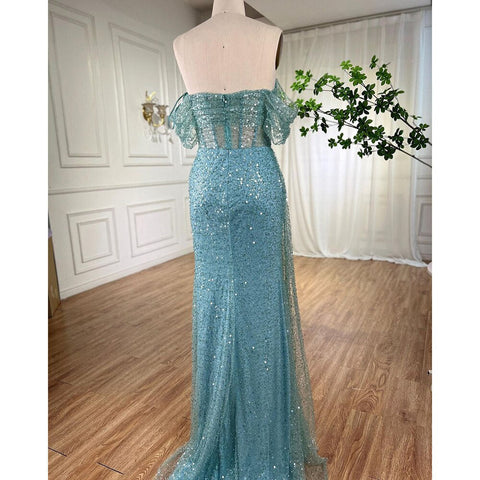Turquoise Mermaid Elegant Overskirt Evening Dresses Gowns 2025 Beaded  For Women Wedding Party 2025 LA71945