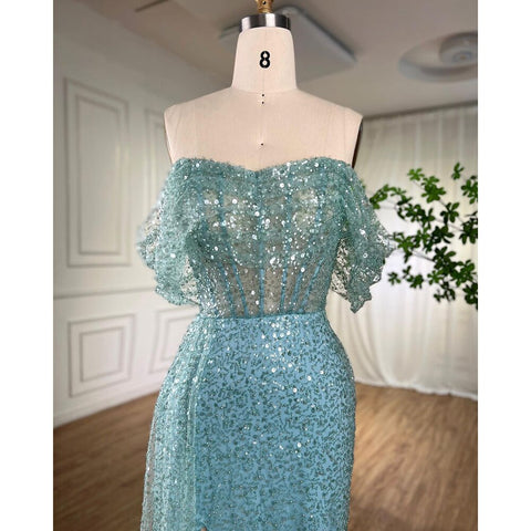 Turquoise Mermaid Elegant Overskirt Evening Dresses Gowns 2025 Beaded  For Women Wedding Party 2025 LA71945