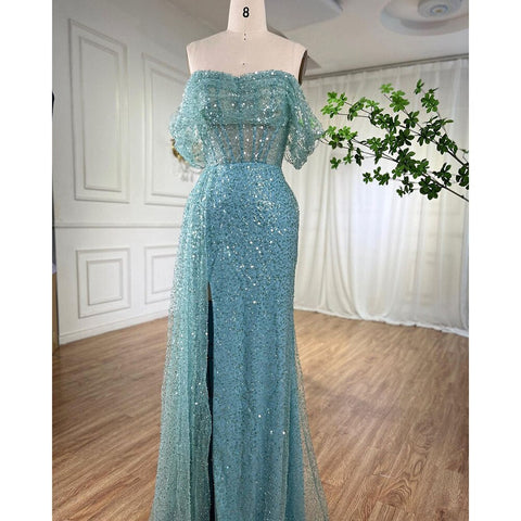 Turquoise Mermaid Elegant Overskirt Evening Dresses Gowns 2025 Beaded  For Women Wedding Party 2025 LA71945