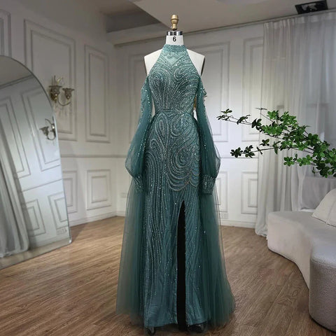 Turquoise Mermaid Elegant With Overskirt Luxury Beaded Evening Dresses Gowns For Women Wedding Party 2025 LA72298