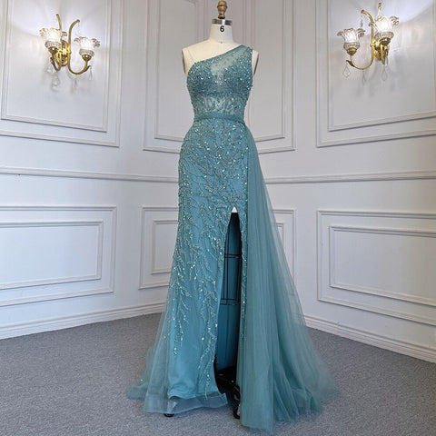 Turquoise Mermaid Elegant With Skirt Sexy High Split Evening Dresses Gowns Luxury Beaded Crystal 2025 Women LA71582A