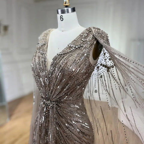 Turquoise Mermaid Beaded Evening Dress Gown with Cape LA72168A