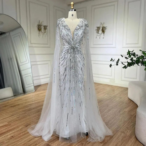 Turquoise Mermaid Beaded Evening Dress Gown with Cape LA72168A