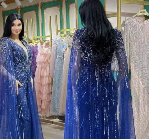 Turquoise Mermaid Beaded Evening Dress Gown with Cape LA72168A