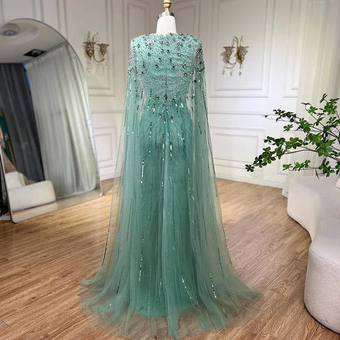 Turquoise Mermaid Beaded Evening Dress Gown with Cape LA72168A