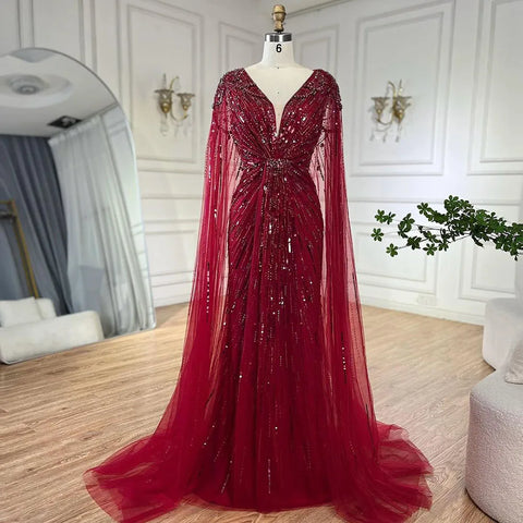 Turquoise Mermaid Beaded Evening Dress Gown with Cape LA72168A