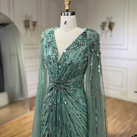 Turquoise Mermaid Beaded Evening Dress Gown with Cape LA72168A