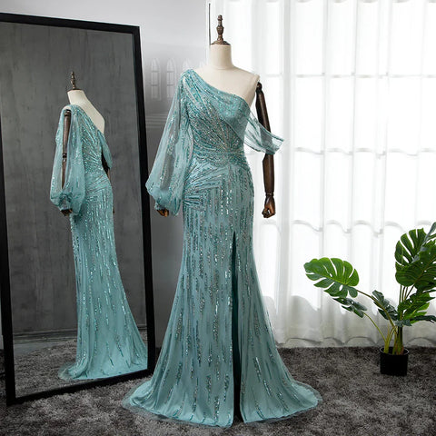 Turquoise Mermaid High Split Evening Dresses Gowns 2025 Elegant Luxury Beaded For Women Party LA71632