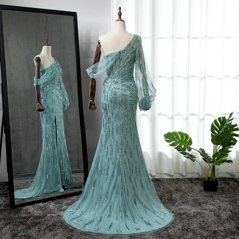 Turquoise Mermaid High Split Evening Dresses Gowns 2025 Elegant Luxury Beaded For Women Party LA71632