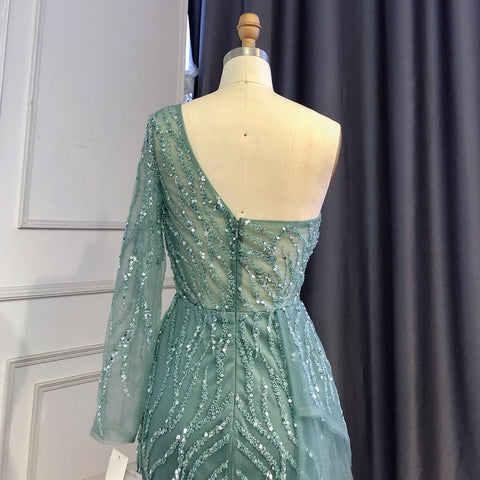 Turquoise Mermaid High Split Evening Dresses Gowns Sexy One-Shoulder Beaded Overskirt 2025 For Women Party LA71520