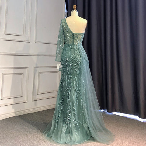 Turquoise Mermaid High Split Evening Dresses Gowns Sexy One-Shoulder Beaded Overskirt 2025 For Women Party LA71520