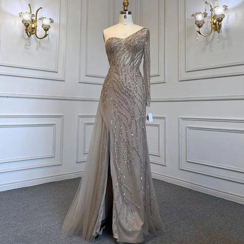 Turquoise Mermaid High Split Evening Dresses Gowns Sexy One-Shoulder Beaded Overskirt 2025 For Women Party LA71520