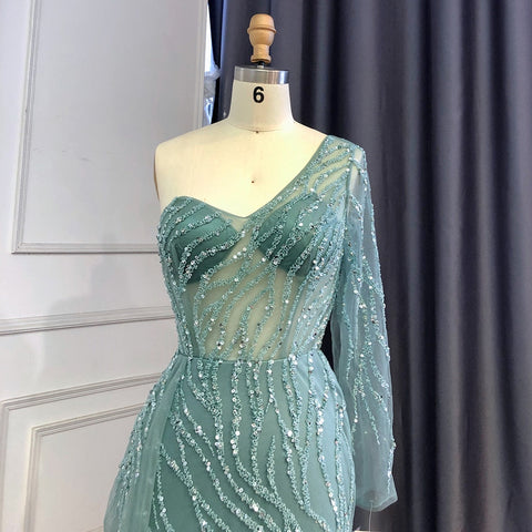 Turquoise Mermaid High Split Evening Dresses Gowns Sexy One-Shoulder Beaded Overskirt 2025 For Women Party LA71520