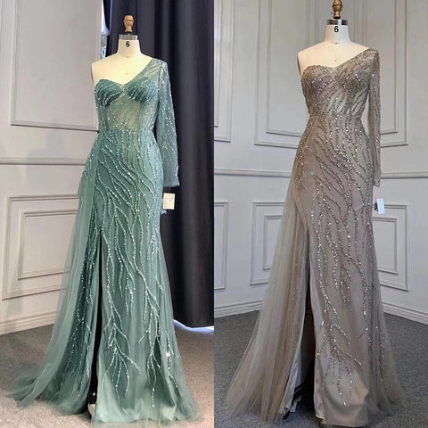Turquoise Mermaid High Split Evening Dresses Gowns Sexy One-Shoulder Beaded Overskirt 2025 For Women Party LA71520