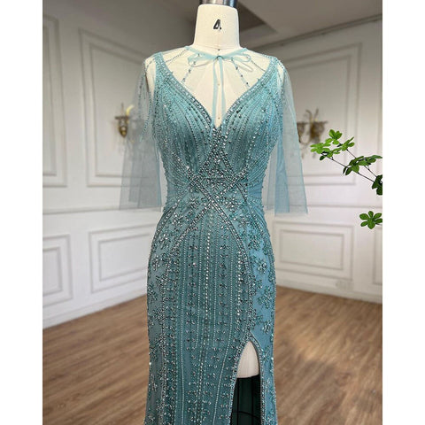 Turquoise Mermaid Luxury Evening Dresses Gowns 2025 Beaded Sexy High Split Elegant For Women Wedding Party LA72117
