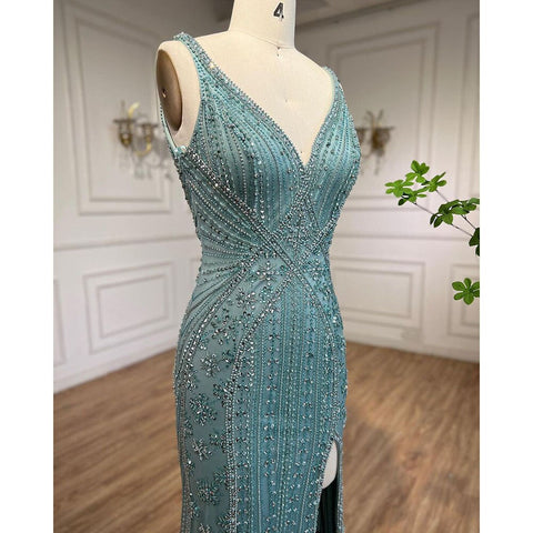 Turquoise Mermaid Luxury Evening Dresses Gowns 2025 Beaded Sexy High Split Elegant For Women Wedding Party LA72117