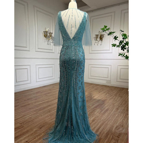 Turquoise Mermaid Luxury Evening Dresses Gowns 2025 Beaded Sexy High Split Elegant For Women Wedding Party LA72117