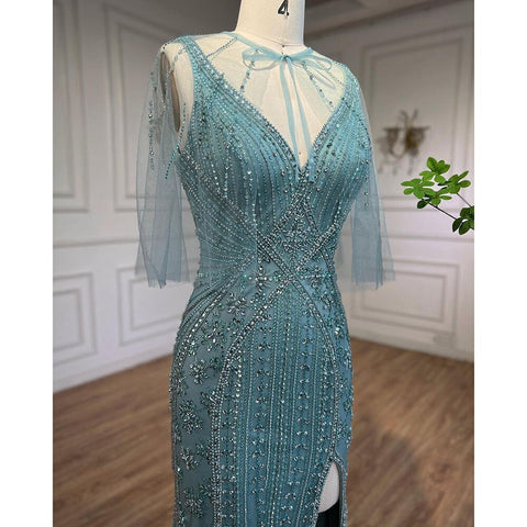 Turquoise Mermaid Luxury Evening Dresses Gowns 2025 Beaded Sexy High Split Elegant For Women Wedding Party LA72117