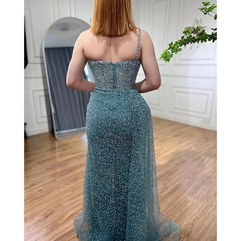 Robe de soirée sirène turquoise asymétrique avec jupe et perles, tenue de mariage pour femme, modèle 2025, LA72144 