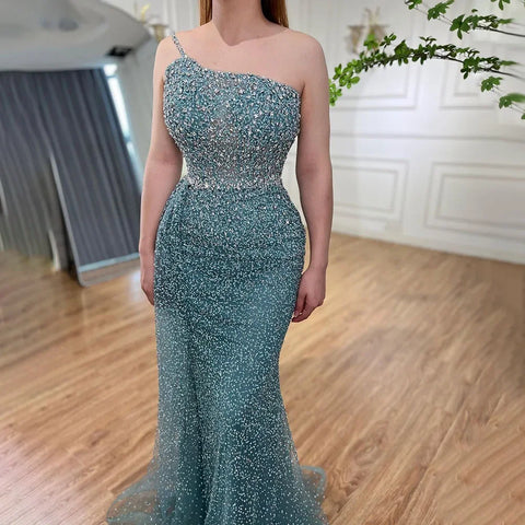 Robe de soirée sirène turquoise asymétrique avec jupe et perles, tenue de mariage pour femme, modèle 2025, LA72144 