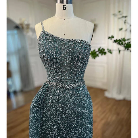 Robe de soirée sirène turquoise asymétrique avec jupe et perles, tenue de mariage pour femme, modèle 2025, LA72144 