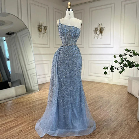 Robe de soirée sirène turquoise asymétrique avec jupe et perles, tenue de mariage pour femme, modèle 2025, LA72144 