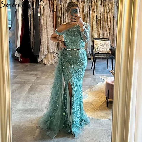 Robe de soirée sirène turquoise, luxueuse et élégante, avec perles, pour femme, modèle LA71466, 2025 