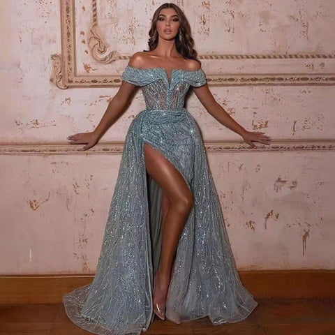 Turquoise Mermaid Sexy Evening Dresses Gowns 2025 Beaded Elegant Luxury High Split For Woman Party LA71593