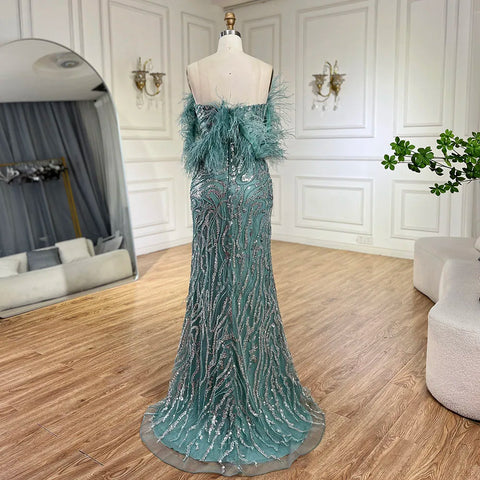 Turquoise Spaghetti Strap High-Split Mermaid Beaded Feathers Evening Gown for Women Wedding Party 2025 LA72602