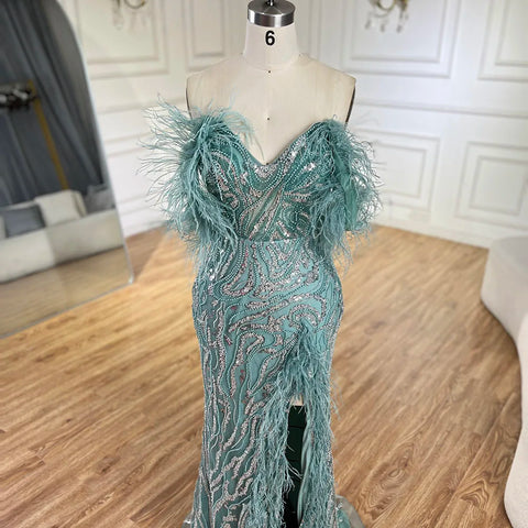 Turquoise Spaghetti Strap High-Split Mermaid Beaded Feathers Evening Gown for Women Wedding Party 2025 LA72602