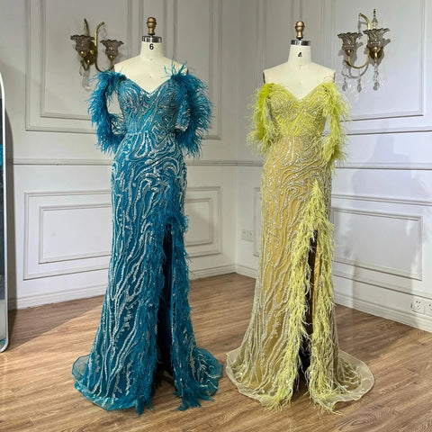 Turquoise Spaghetti Strap High-Split Mermaid Beaded Feathers Evening Gown for Women Wedding Party 2025 LA72602