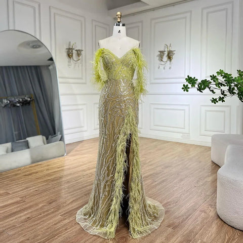 Turquoise Spaghetti Strap High-Split Mermaid Beaded Feathers Evening Gown for Women Wedding Party 2025 LA72602