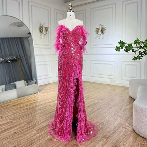 Turquoise Spaghetti Strap High-Split Mermaid Beaded Feathers Evening Gown for Women Wedding Party 2025 LA72602
