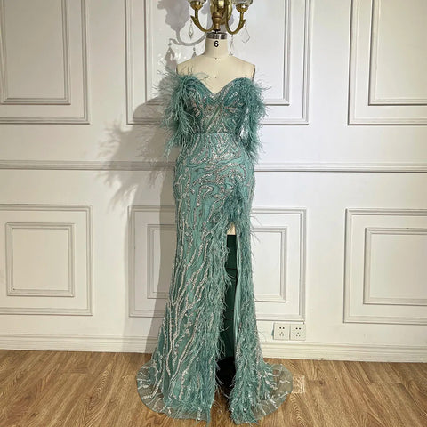 Turquoise Spaghetti Strap High-Split Mermaid Beaded Feathers Evening Gown for Women Wedding Party 2025 LA72602