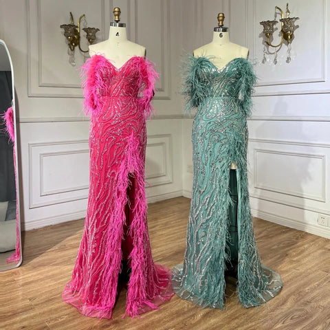Turquoise Spaghetti Strap High-Split Mermaid Beaded Feathers Evening Gown for Women Wedding Party 2025 LA72602