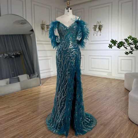 Turquoise Spaghetti Strap High-Split Mermaid Beaded Feathers Evening Gown for Women Wedding Party 2025 LA72602