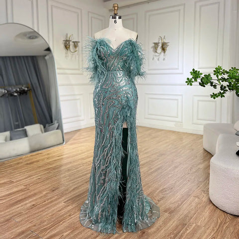 Turquoise Spaghetti Strap High-Split Mermaid Beaded Feathers Evening Gown for Women Wedding Party 2025 LA72602