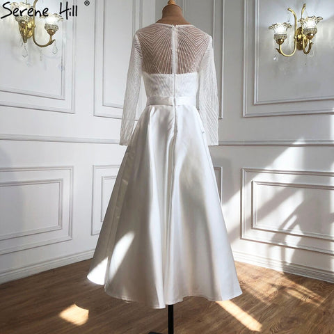 White A-Line Satin Sexy Cocktail Dresses 2025 Long Sleeves Glitter Tea-Length Party Gowns LA70922