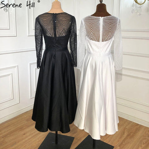 White A-Line Satin Sexy Cocktail Dresses 2025 Long Sleeves Glitter Tea-Length Party Gowns LA70922