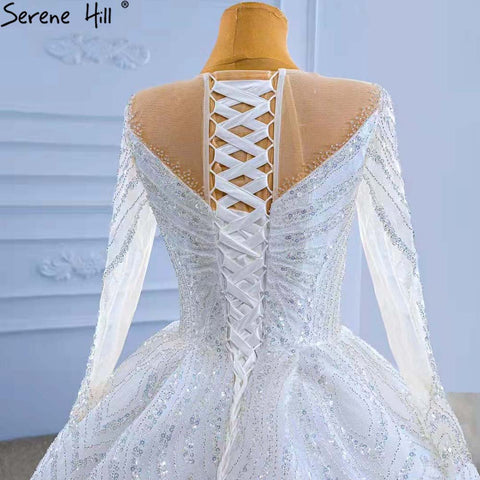 White Beaded Luxury Wedding Dresses 2025 Long Sleeves Lace Up Bride Gowns HM67382 Custom Made
