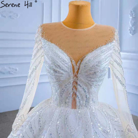 White Beaded Luxury Wedding Dresses 2025 Long Sleeves Lace Up Bride Gowns HM67382 Custom Made
